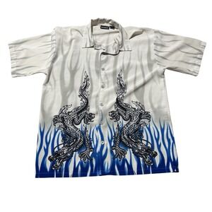 Vintage Y2K ODO Dragon Flame AOP Button Down Shirt Oversized Size Large 24 x 31
